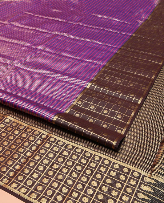 Purple Vasundhara Lite Silk Mix Saree, Featuring Zari Stripes and Neli Stripes on Its Body, Complemented by a Contrast Border of Kamalam and Mayil Butta Enclosed Checked Designs, Intricately Designed Pallu, and Paired with a Contrast Blouse