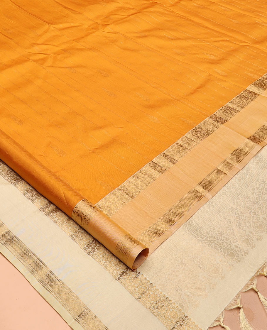 Mustard-Off-White Zari Striped Vasundhara Silk Saree, Contrast Rettai Pettu Zari Border, Jaal Pallu, a Contrast Blouse