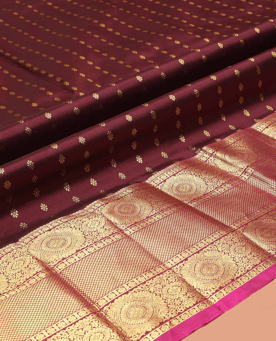 Brown Pure Silk Pavadai Material, Embellished with Zari Buttas on Its Skirt, a Contrast Traditional Zari Border, and a Contrast Blouse