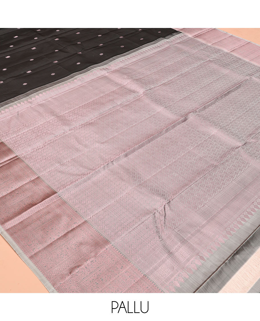 Black Mayil-Chakra Buttas Kanchipuram Silk Saree, a Contrast Intricate Border, Jaal Pallu, Contrast Blouse