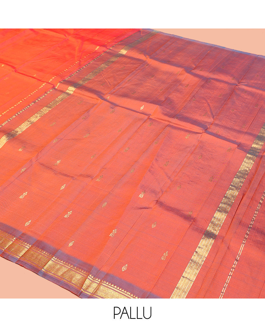 Orange Kanchipuram Silk Saree, Prettified with Zari Buttas, Contrast Border of Rekku, Banaras, and Jaal, Zari Design Pallu, and No Blouse