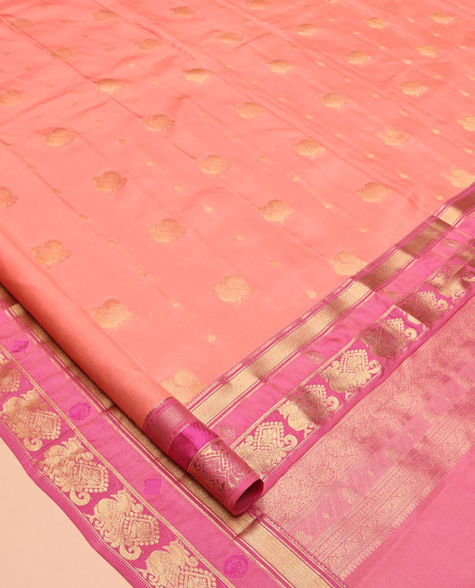 Pink Vasundhara Lite Silk Mix Saree, Embellished with Mayil Buttas, a Contrast Border of Mayil Kann and Annam Designs, Grand Pallu, and a Contrast Blouse