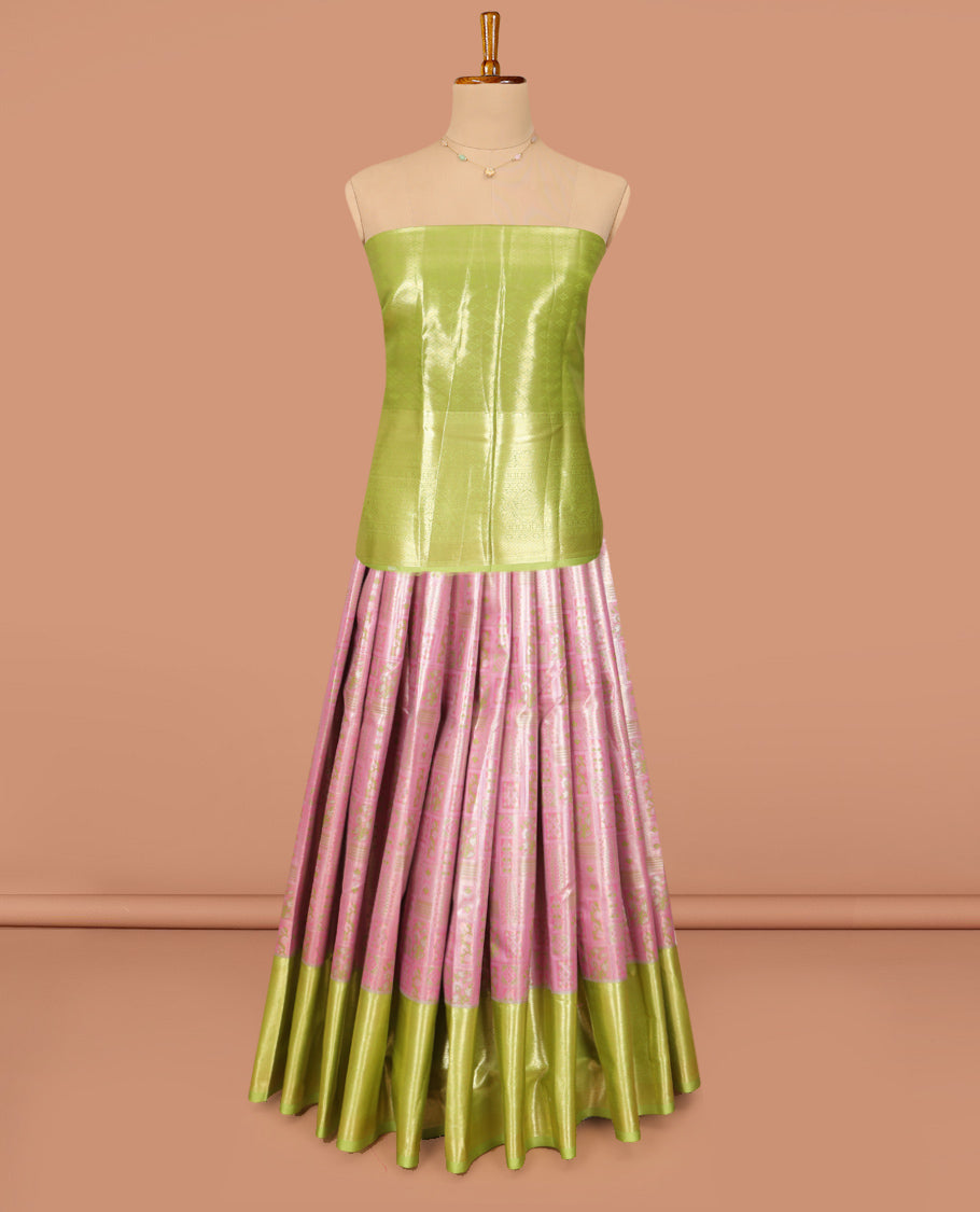 Pink Art Silk Material Half Saree Set, Elegantly Highlighted with Jacquard Design Skirt, a Contrast Traditional Zari Design Border, Contrast Zari-Jacquard Blouse, and a Dhavani of Paisley Designs