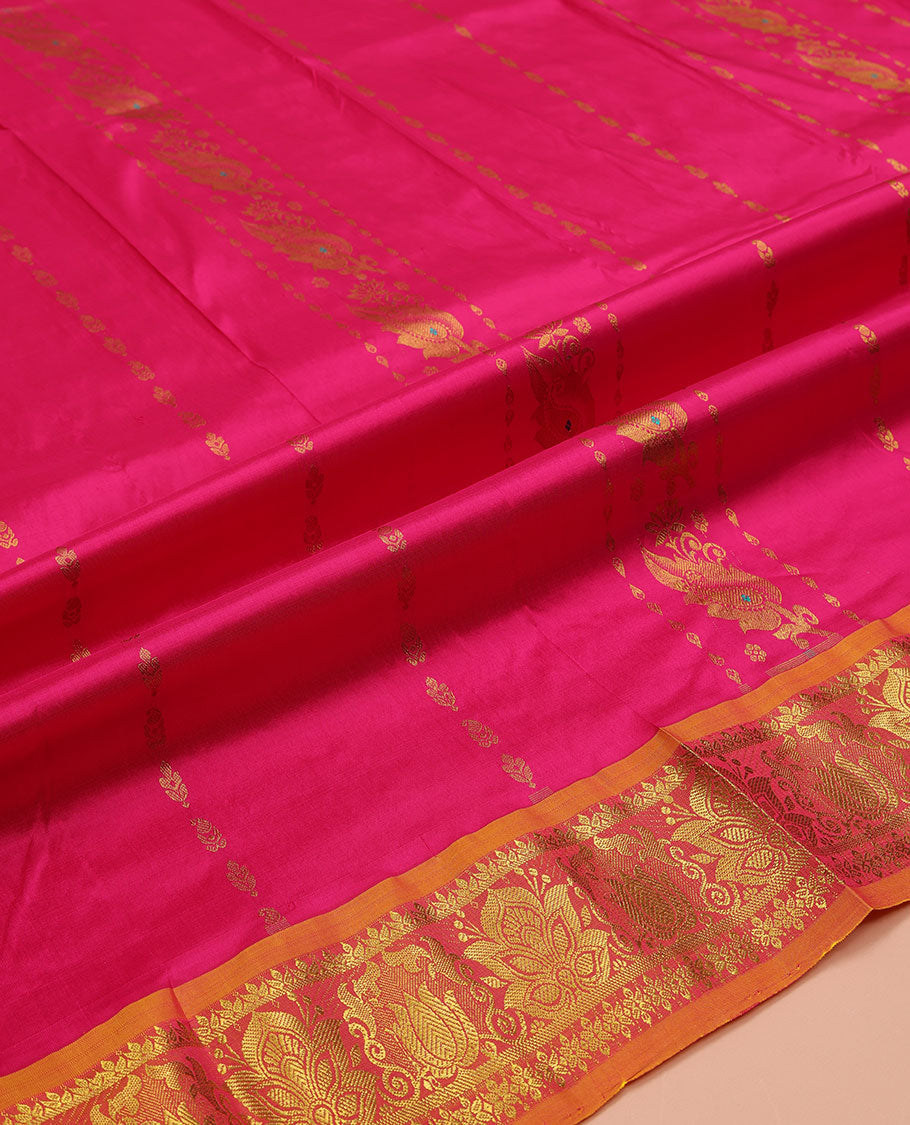 Pink Pure Silk Half-Saree, Decked Up with Zari Designs on Its Body, Complemented by a Contrast Floral Zari Design Border, Complemented by a Contrast Blouse, and Paired with a Contrast Dhavani of Floral Designs