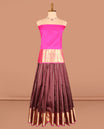 Brown Pure Silk Pavadai Material, Embellished with Zari Buttas on Its Skirt, a Contrast Traditional Zari Border, and a Contrast Blouse
