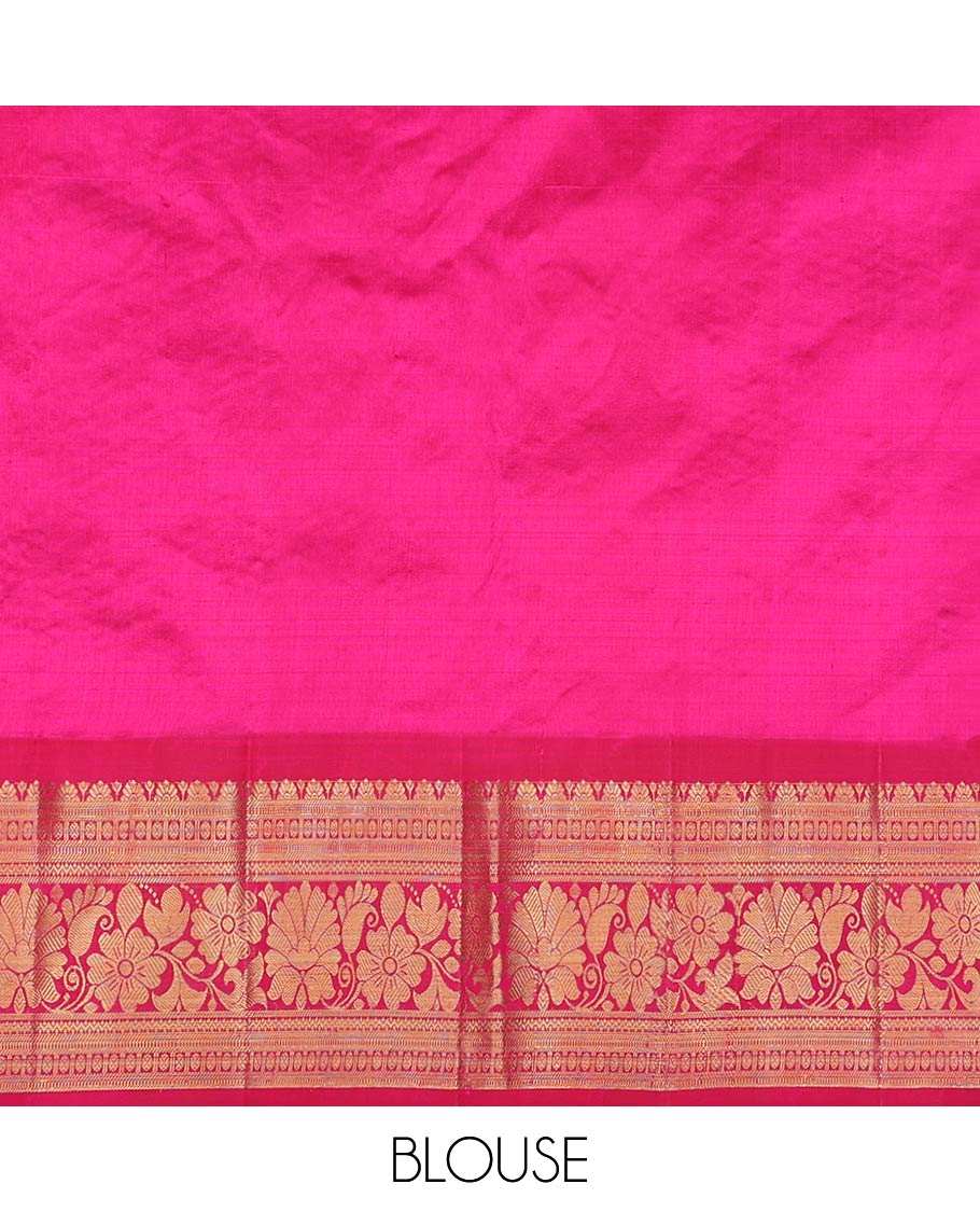 Red striped floral designsilk half saree with contrast border of banaras, muthu, paun design, zari design blouse & floral design dhavani