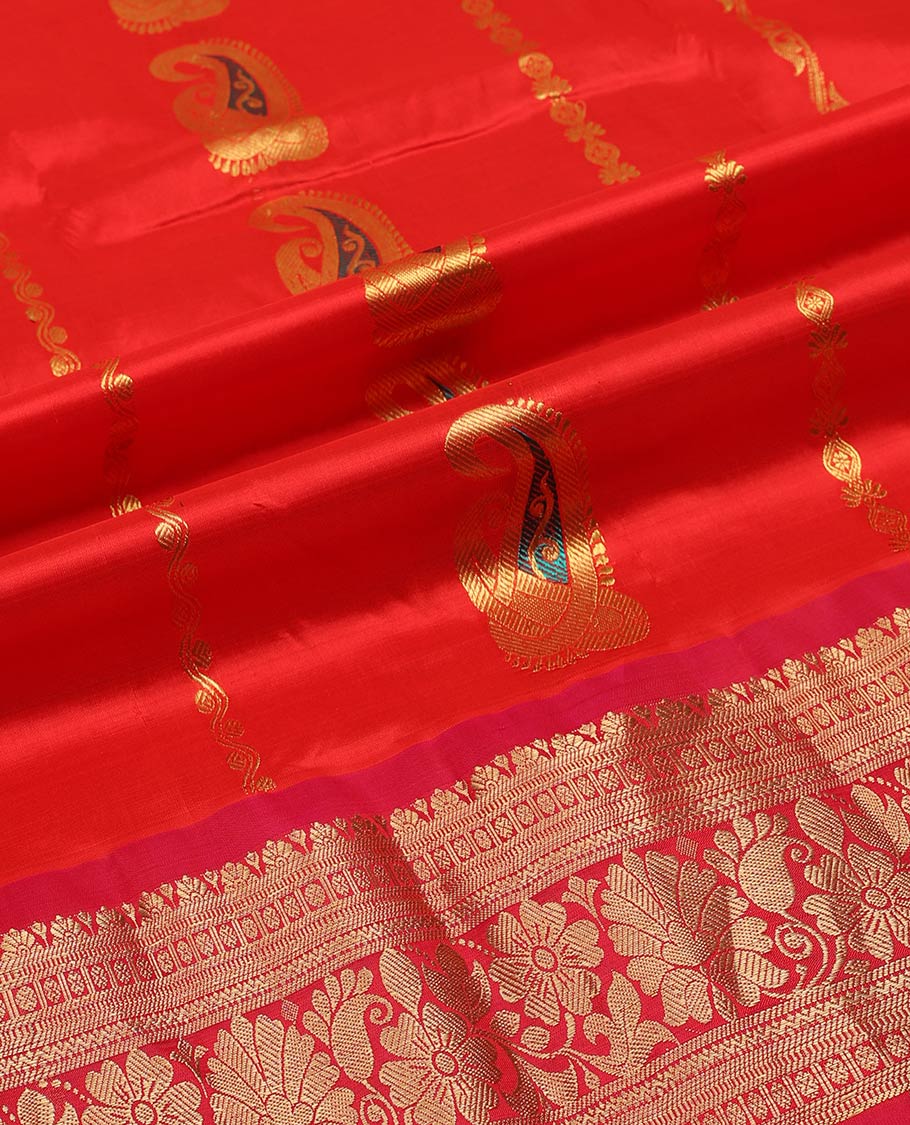Red striped floral designsilk half saree with contrast border of banaras, muthu, paun design, zari design blouse & floral design dhavani