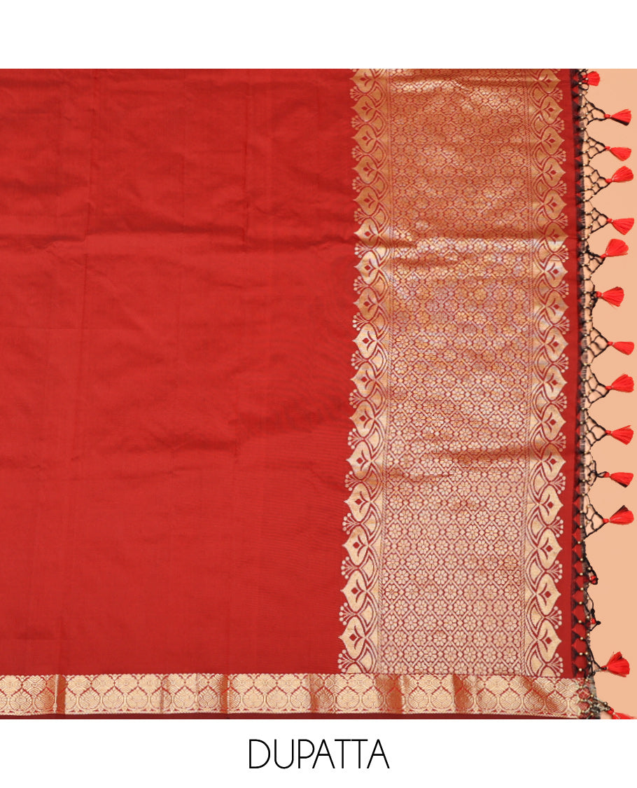 Orange Art Silk Material Half Saree Set, Accentuated with Jacquard Skirt, a Contrast Traditional Zari Design Border, Contrast Blouse, and Zari Designs Dhavani
