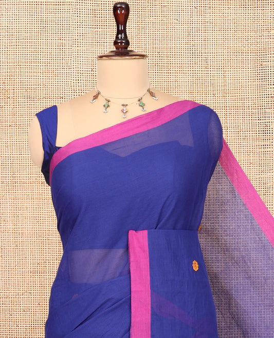 Navy Blue Chettinad Cotton Saree, Subtly Sparkled with Thread Buttas, a Contrast Border, Pallu of Stripes and Buttas, a Matching Blouse