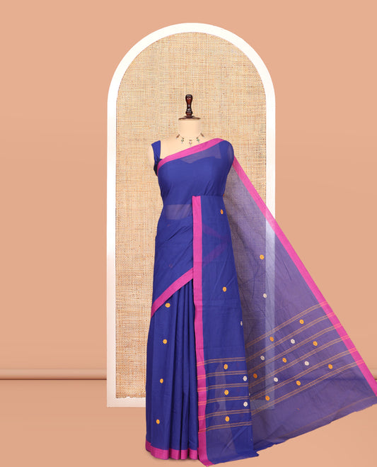 Navy Blue Chettinad Cotton Saree, Subtly Sparkled with Thread Buttas, a Contrast Border, Pallu of Stripes and Buttas, a Matching Blouse