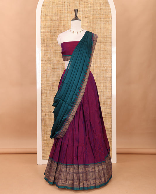 Purple with green cotton half saree with contrast elephant design border,elephant design blouse & zari design border dhavani