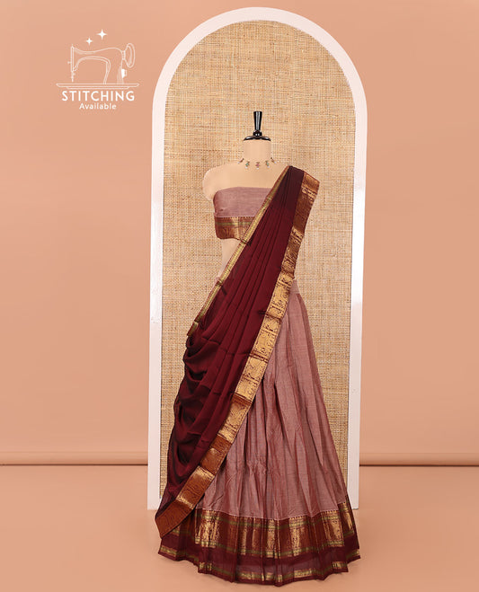 Onion and Maroon Chettinad Cotton Half-Saree Featuring Plain Skirt, Complemented by Contrast Rettai Pettu Traditional Border of Peacock and Elephant Designs, Paired with a Matching Blouse, and a Satin Georgette Zari Bordered Dhavani