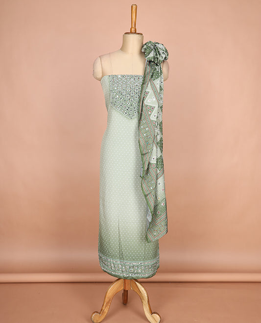 Pista green bhandani print, stone,mirror work crepe chudidhar  material top with american crepe pant & chinnon material bhandani print, mirror work dupatta