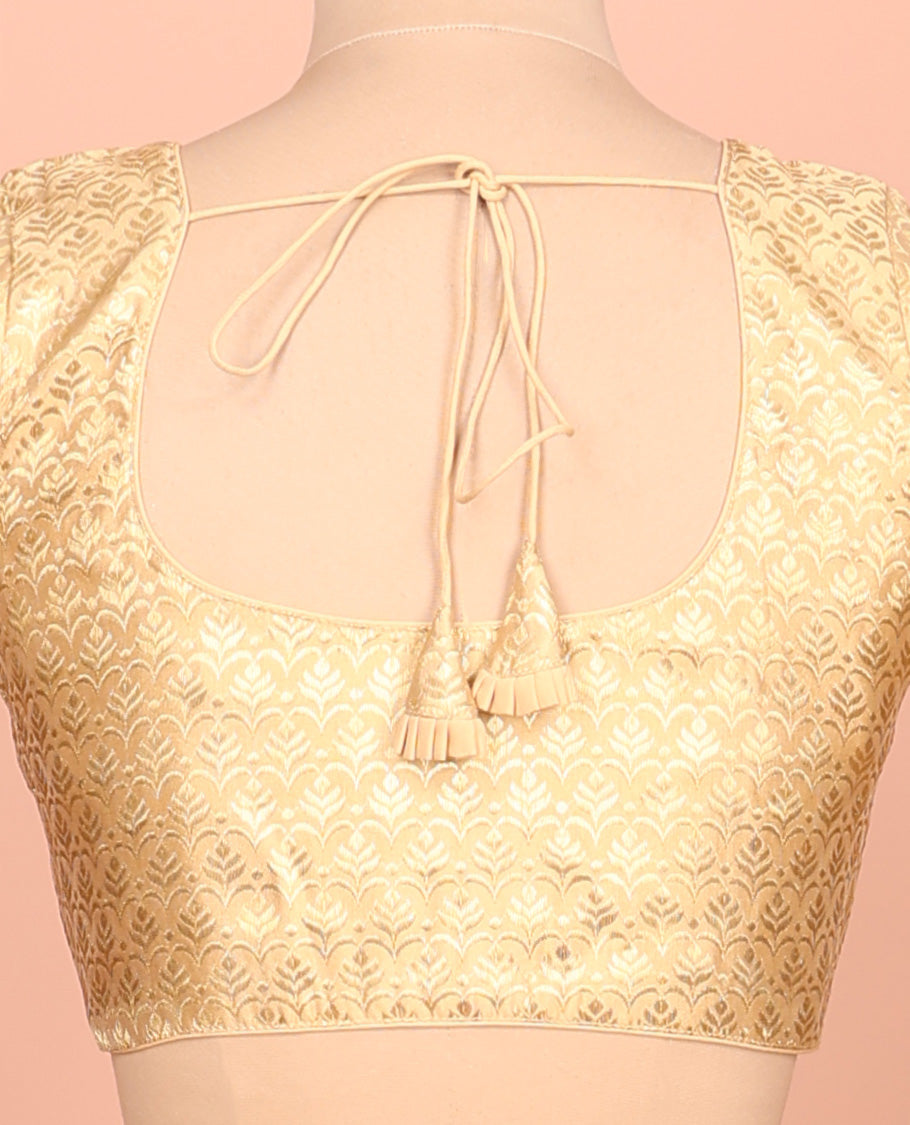 Gold intricate design front-back round neck elbow-sleeve readymade blouse