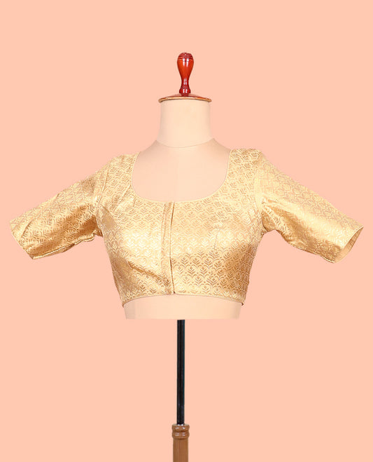 Gold intricate design front-back round neck elbow-sleeve readymade blouse