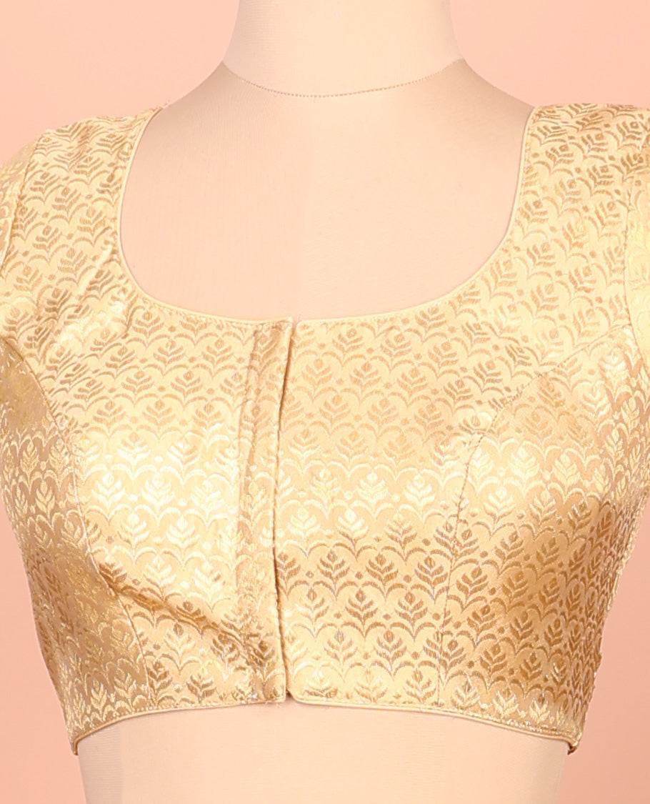 Gold intricate design front-back round neck elbow-sleeve readymade blouse