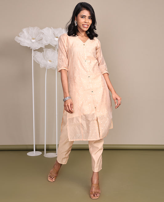 Light Peach Tissue Ready-Made Suit, Featuring Buttas Foil Print, a V-Neckline, 3/4 Sleeves, and a Straight-Cut Top, Paired with Plain Straight-Cut Pants