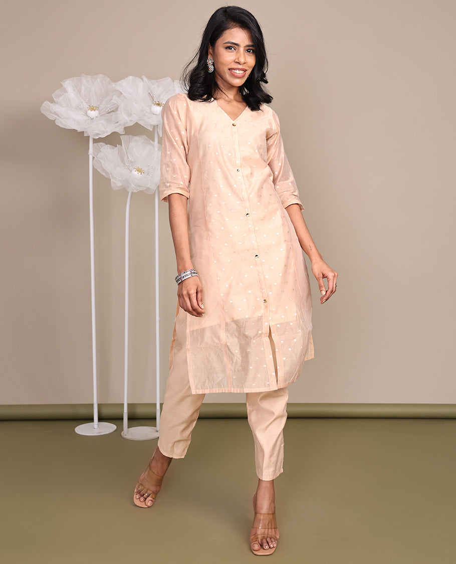 Light Peach Tissue Ready-Made Suit, Featuring Buttas Foil Print, a V-Neckline, 3/4 Sleeves, and a Straight-Cut Top, Paired with Plain Straight-Cut Pants