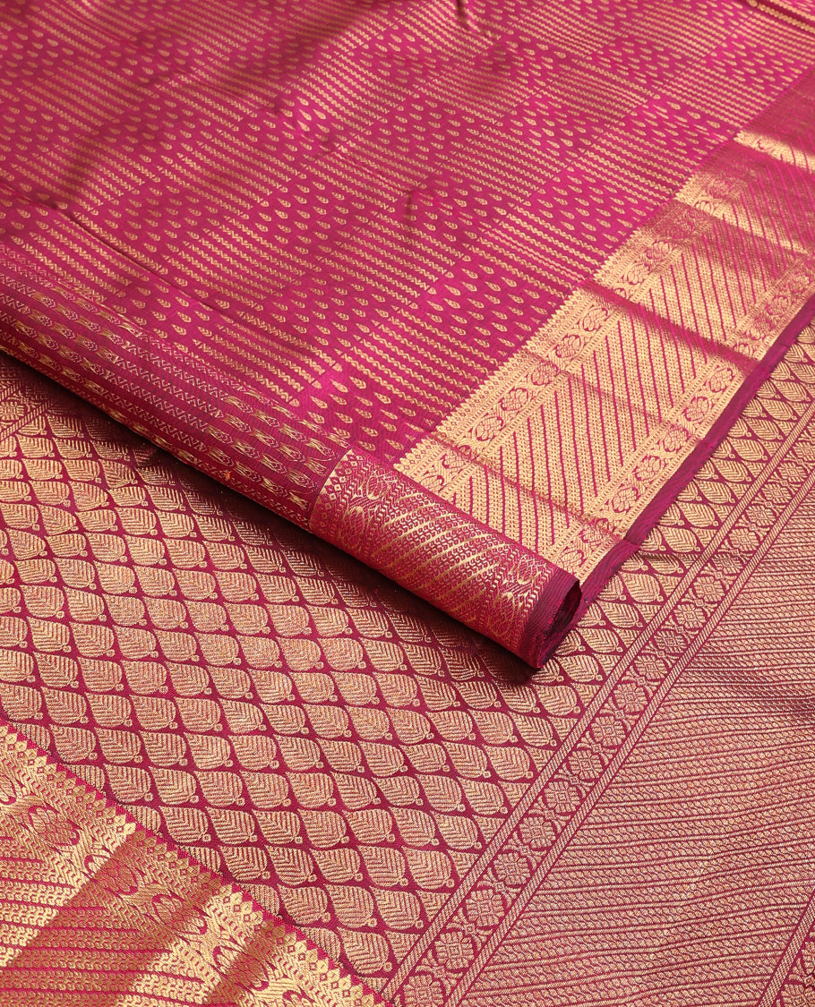 Maroon geometric design silk saree with self-border of zari design & floral, checked zari design pallu