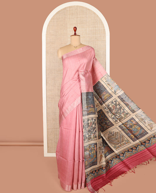 Pink tussar silk saree, bavanji border, and contrast pallu features flora-fauna Madhubani print