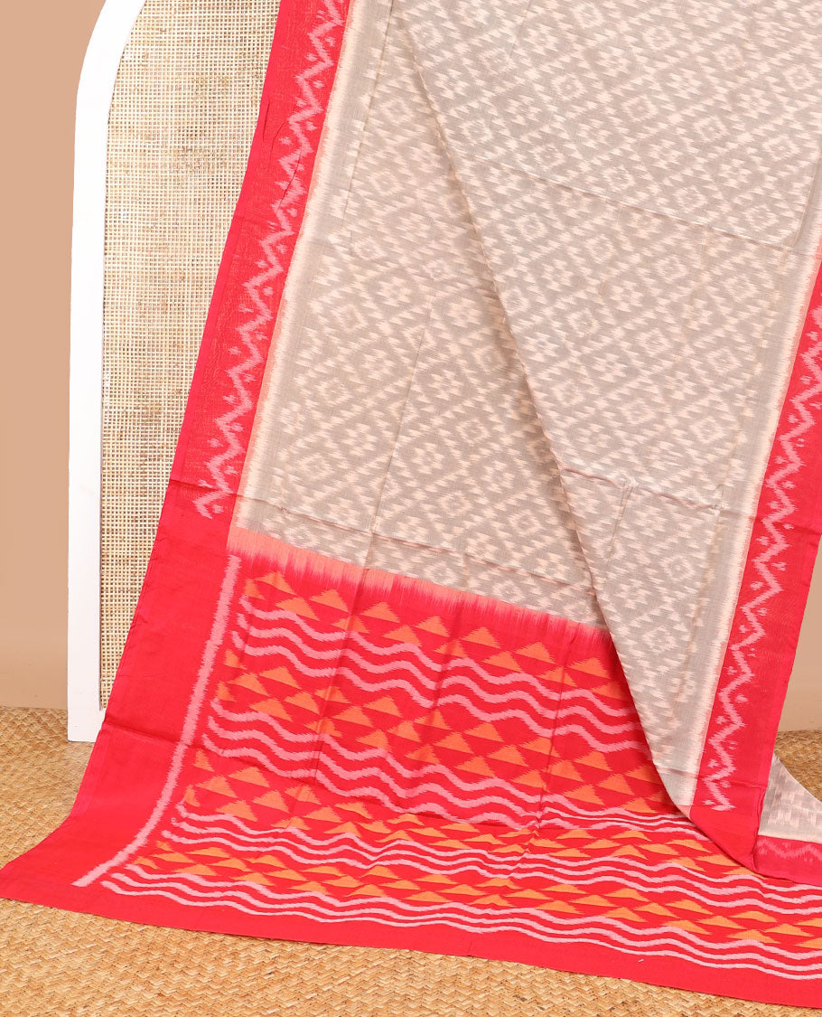 Light grey floral design ikkat cotton saree with contrast geometric design boder & floral design pallu