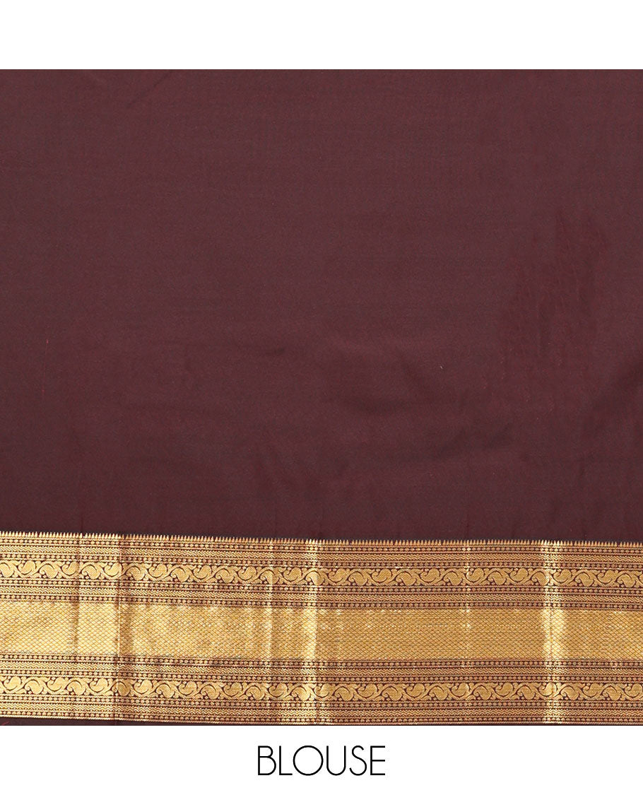 Brown Budget Silk Saree, Highlighted by Zari Buttas All Over Its Body, Spotlighted By Traditional Zari Designs Woven Border, Intricate Pallu, and Paired With a Matching Blouse