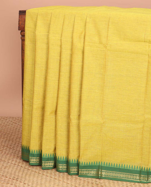 Green chettinad cotton saree with contrast temple design border