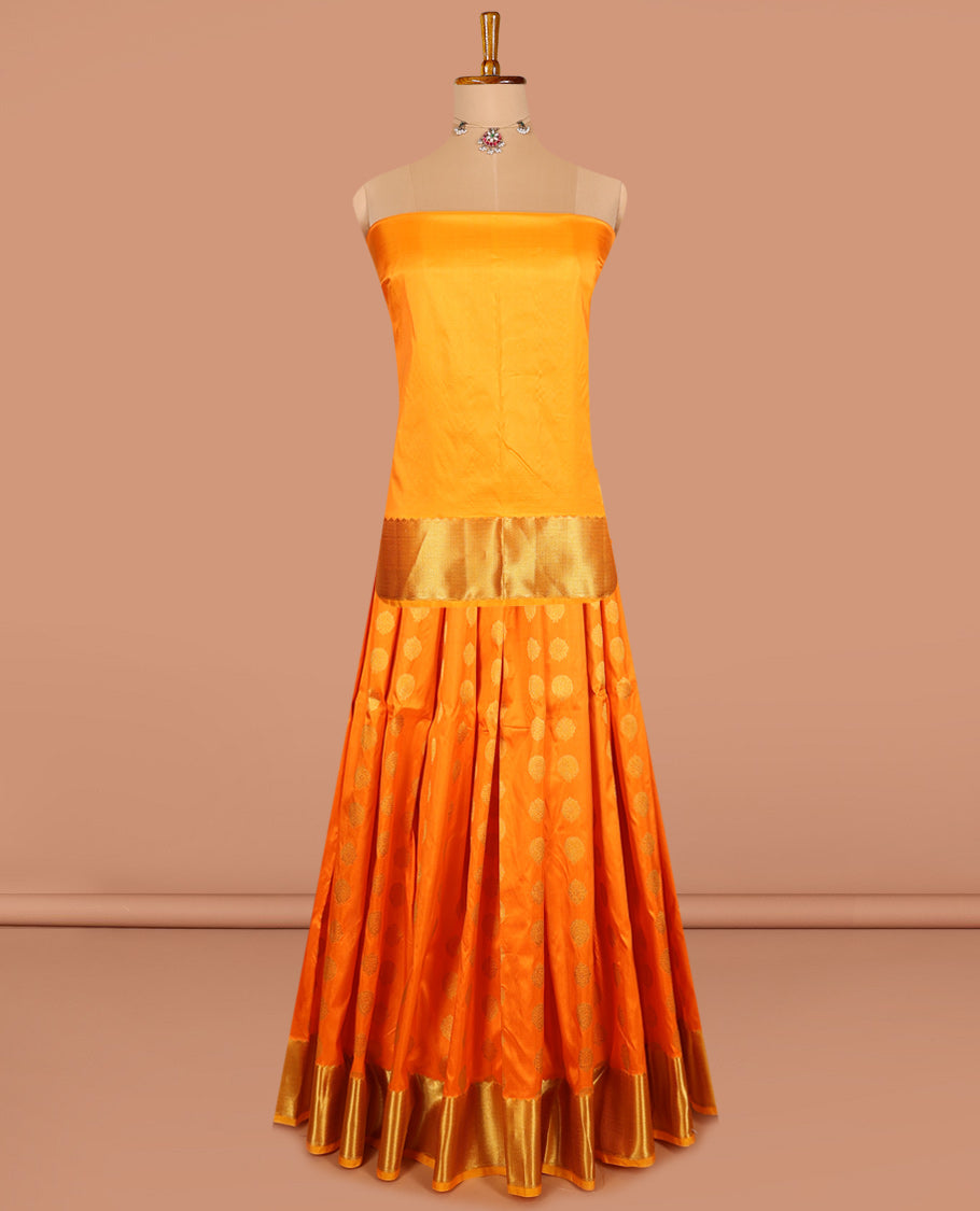Orange pure silk half saree, zari buttas skirt, zari border of thilakam, and vanki designs, matching blouse, and paiyaadi kattam dhavani
