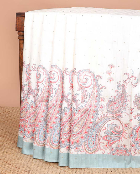 Cream mukesh work semi-banaras tussar saree with contrast plain border & paisley motifs pallu