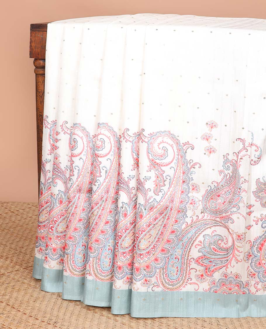 Cream mukesh work semi-banaras tussar saree with contrast plain border & paisley motifs pallu
