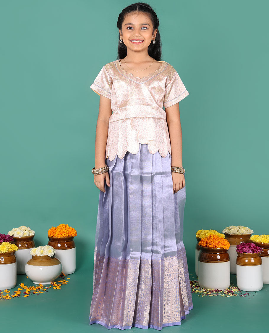Violet readymade art silk pavadai, traditional zari big border skirt, & contrast jacquard scallop neck & short sleeve blouse