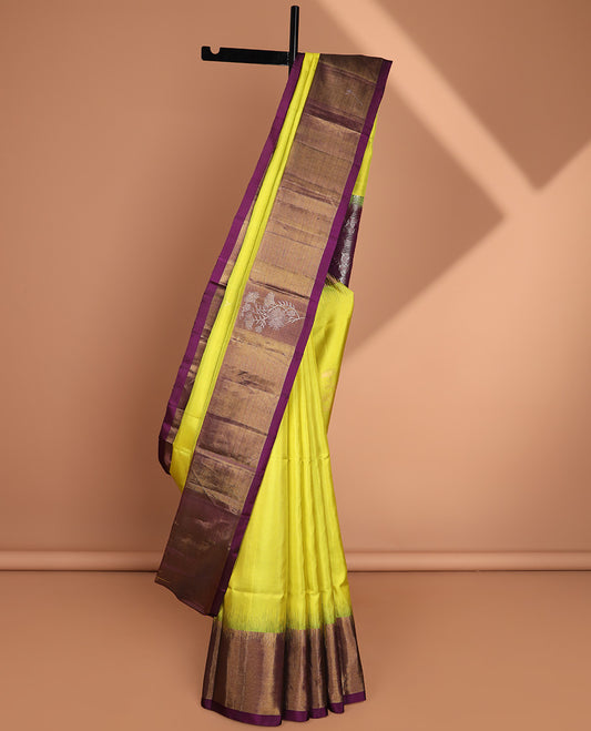 Green floral butta soft silk saree with contrast floral border & floral jacquard pallu