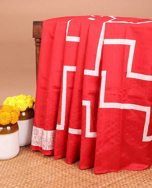 Borderless Red geometric printed semi-bhagalpuri cotton saree with kalamkari printed pallu & plain blouse
