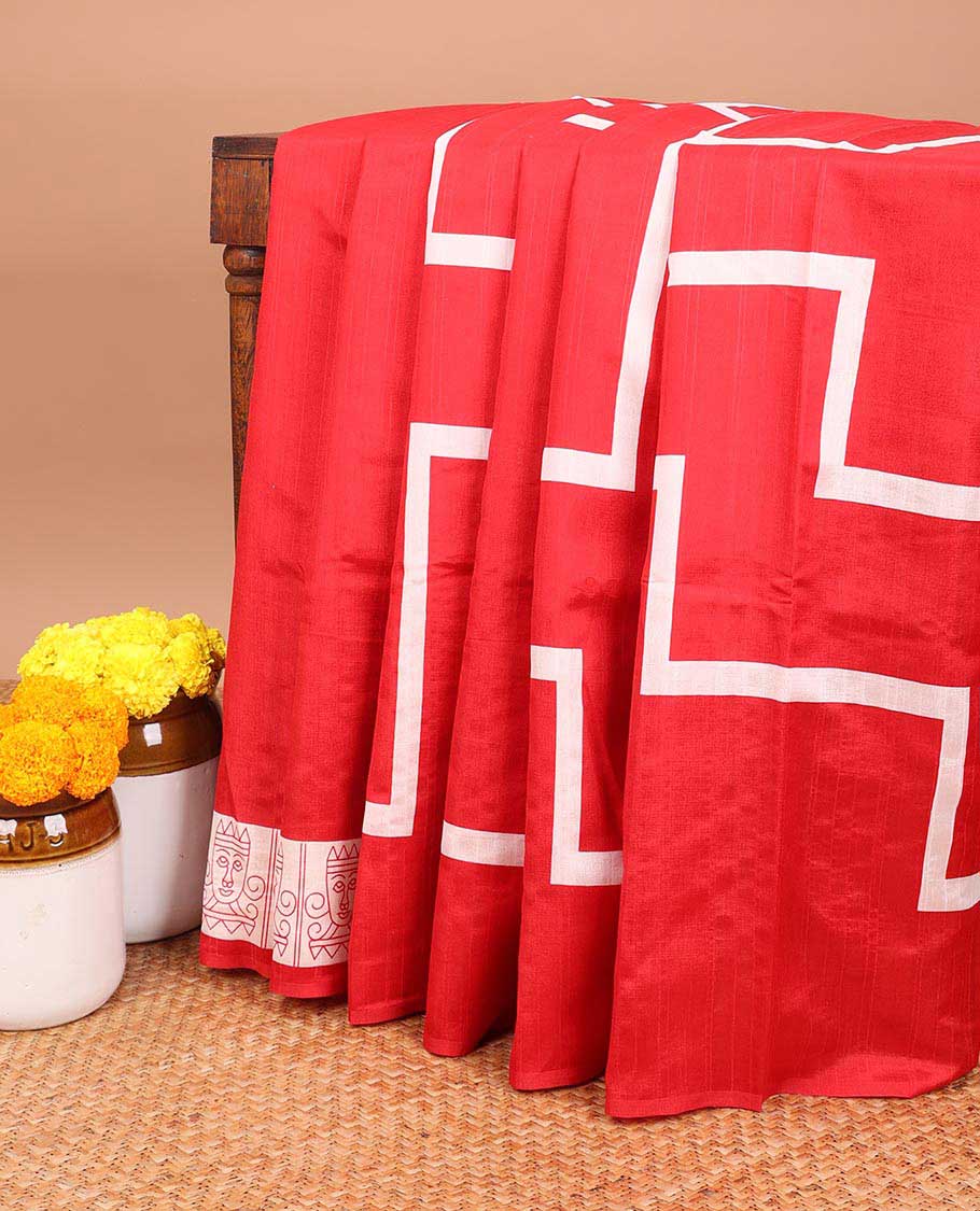 Borderless Red geometric printed semi-bhagalpuri cotton saree with kalamkari printed pallu & plain blouse