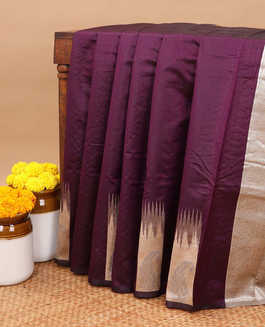 Violet vaira ousi model design  litchi soft silk saree with self border of temple , white zari manga design & contrast pallu