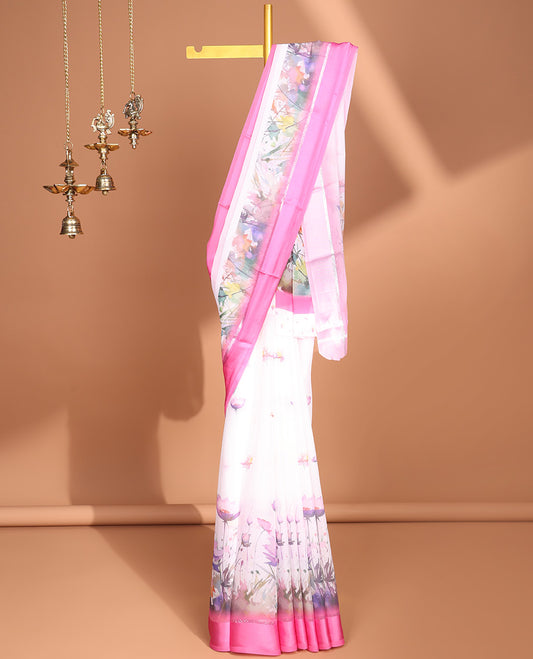 White digital floral design moss chiffon saree with contrast pink zari border & floral design pallu