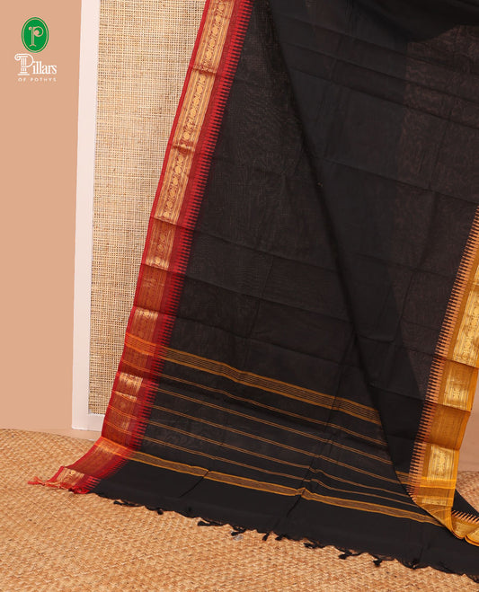 Black chettinad cotton saree with contrast border of temple rudraksh designs & ganga jamuna border