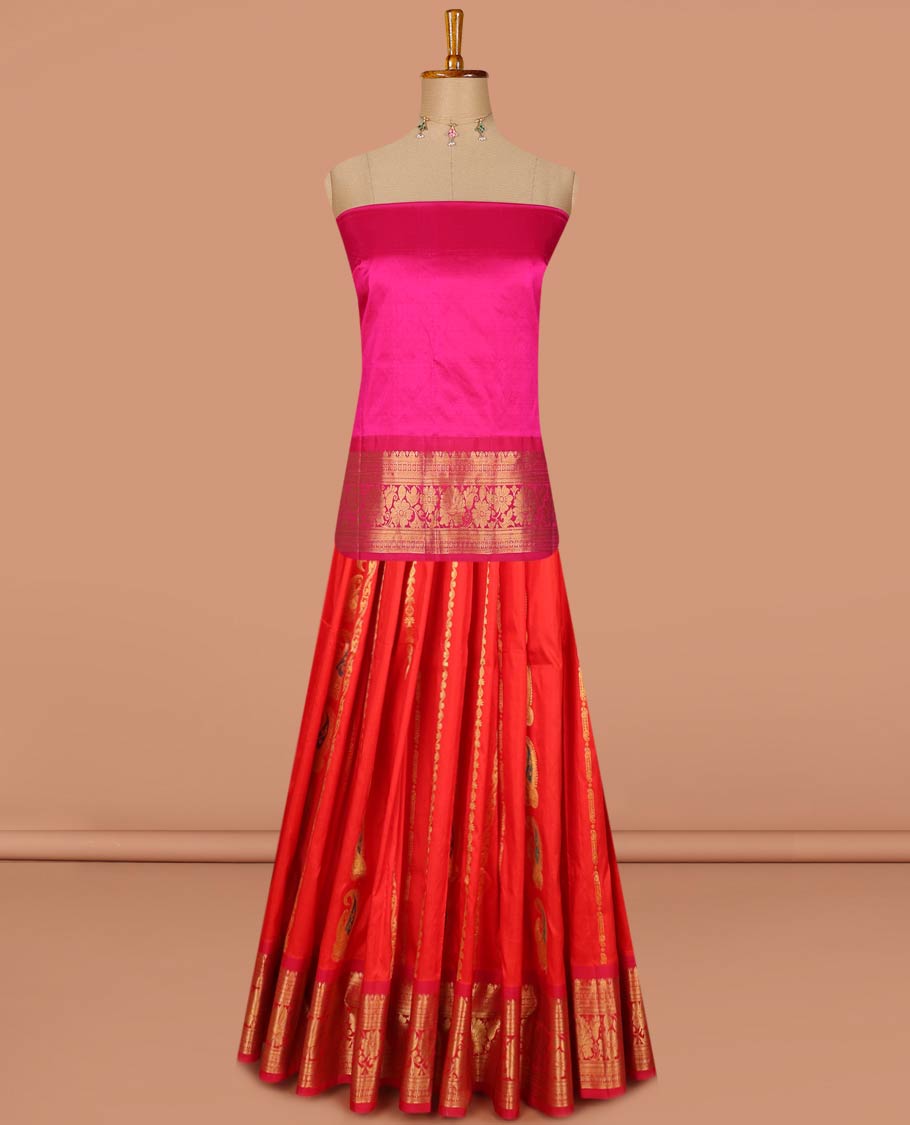 Red striped floral designsilk half saree with contrast border of banaras, muthu, paun design, zari design blouse & floral design dhavani