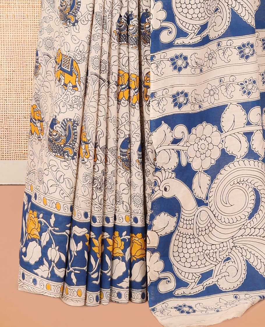 Blue-Grey Kalamkari Cotton Saree, Embellished with Intricate Print, Complemented By Printed Border, Kalamkari Peacock Pallu, and a Matching Blouse