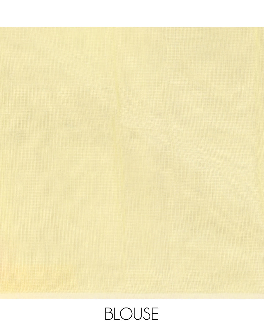 Yellow Kota Doria Saree, Adorned with a Floral-Bird Hand-Brush Painting-Style Print, a Contrast Border, and a Matching Blouse