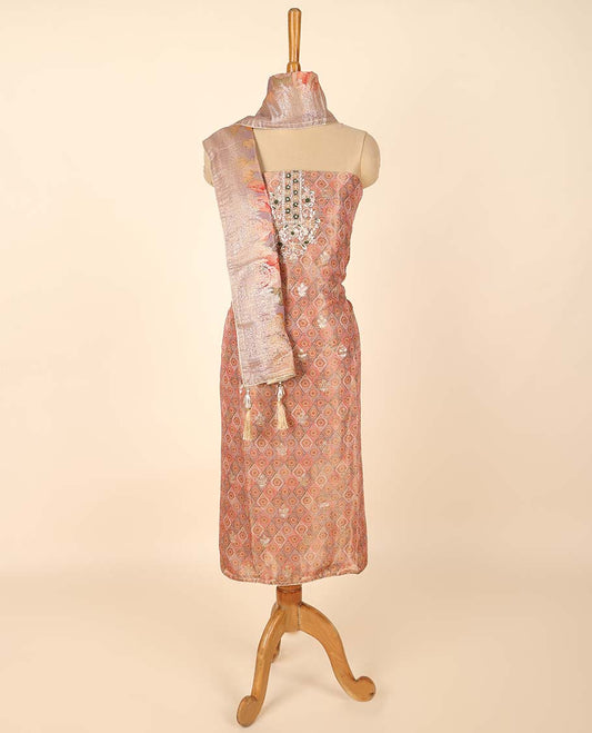 Pink material chudidhar set, jacquard & embroidered top, plain bottom & floral printed dupatta