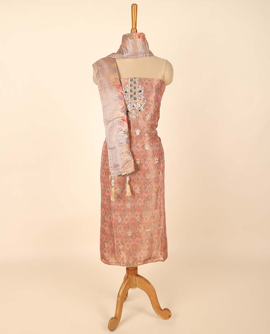 Pink material chudidhar set, jacquard & embroidered top, plain bottom & floral printed dupatta