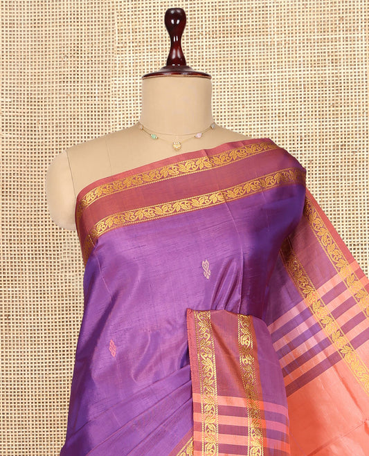 Purple Banana Pith Saree, Woven with Buttas, a Contrast Rettai Pettu Floral Design Border, Pallu of Buttas, and a Contrast Blouse