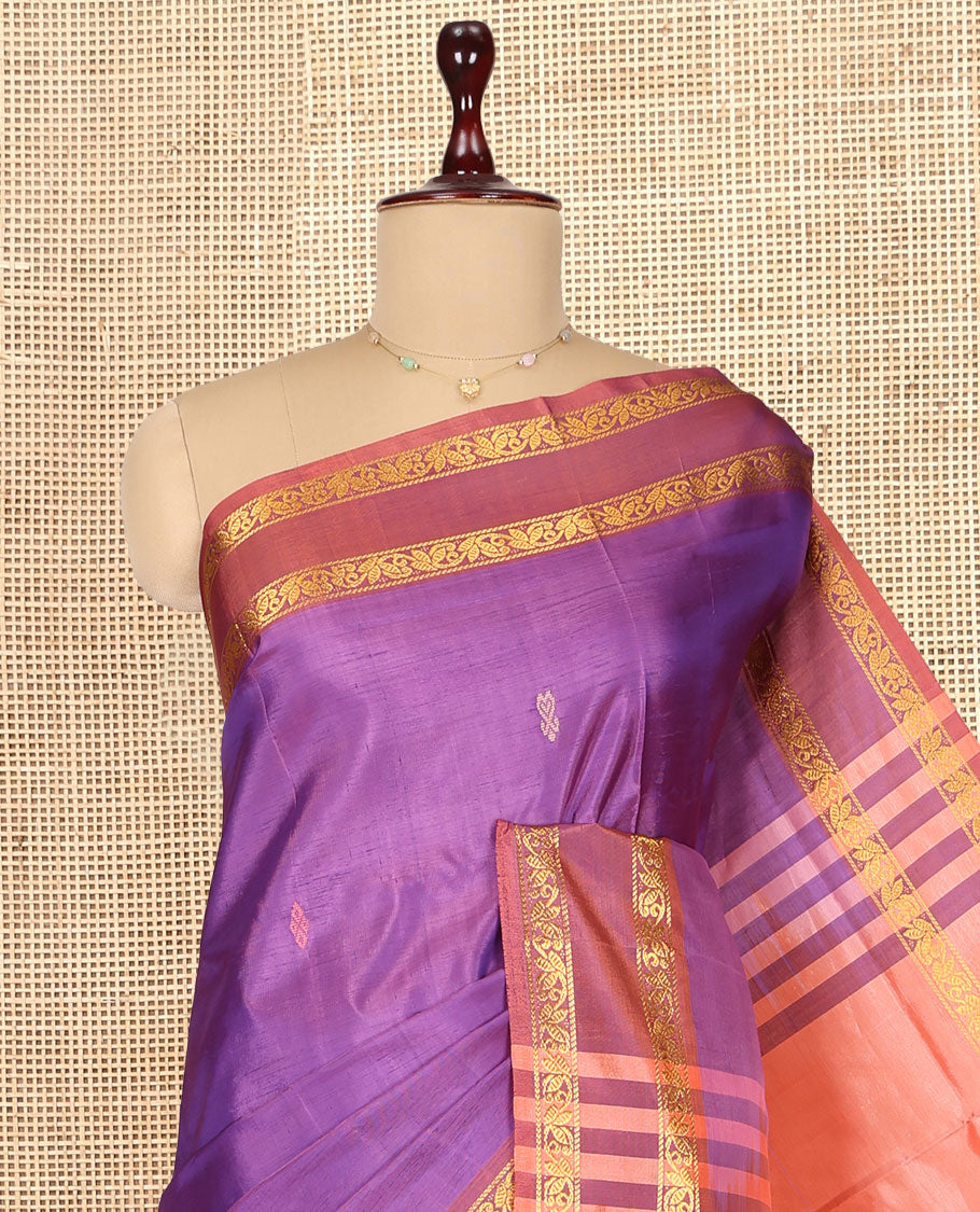 Purple Banana Pith Saree, Woven with Buttas, a Contrast Rettai Pettu Floral Design Border, Pallu of Buttas, and a Contrast Blouse