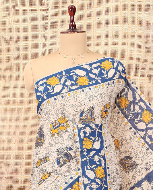 Blue-Grey Kalamkari Cotton Saree, Embellished with Intricate Print, Complemented By Printed Border, Kalamkari Peacock Pallu, and a Matching Blouse