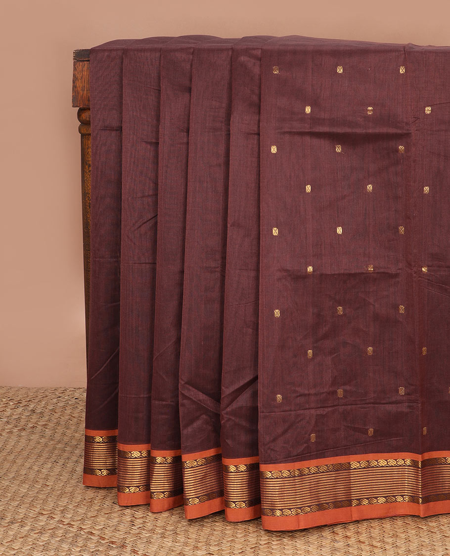 Coco brown zari buttas Venkatagiri cotton saree, contrast mango design border & zari striped pallu