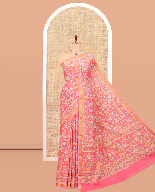 Pink Printed Silk Saree, Decorated with Floral Print, a Zari Border, Floral Printed Pallu, and a Matching Blouse