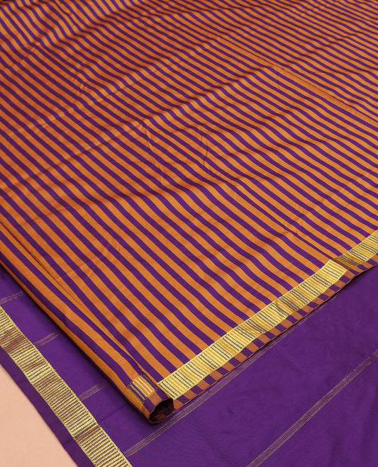 Violet-Orange Striped Art-Silk Nine Yard Saree, a Traditional Zari Border, Pallu of Zari Stripes, and No Blouse