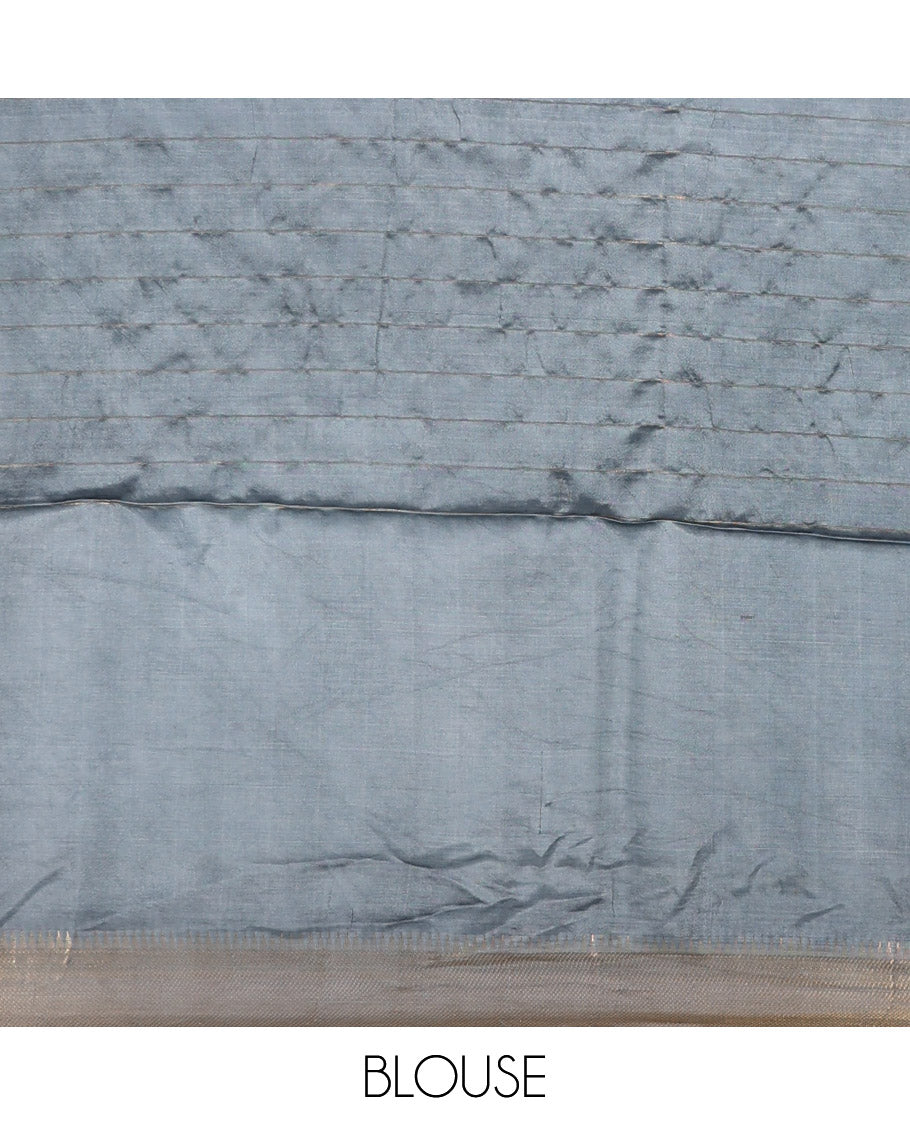 Grey Banana Pith Saree, Graced with Butta Enclosed Checks, a Temple Zari Border, Striped Pallu, and Matching Blouse