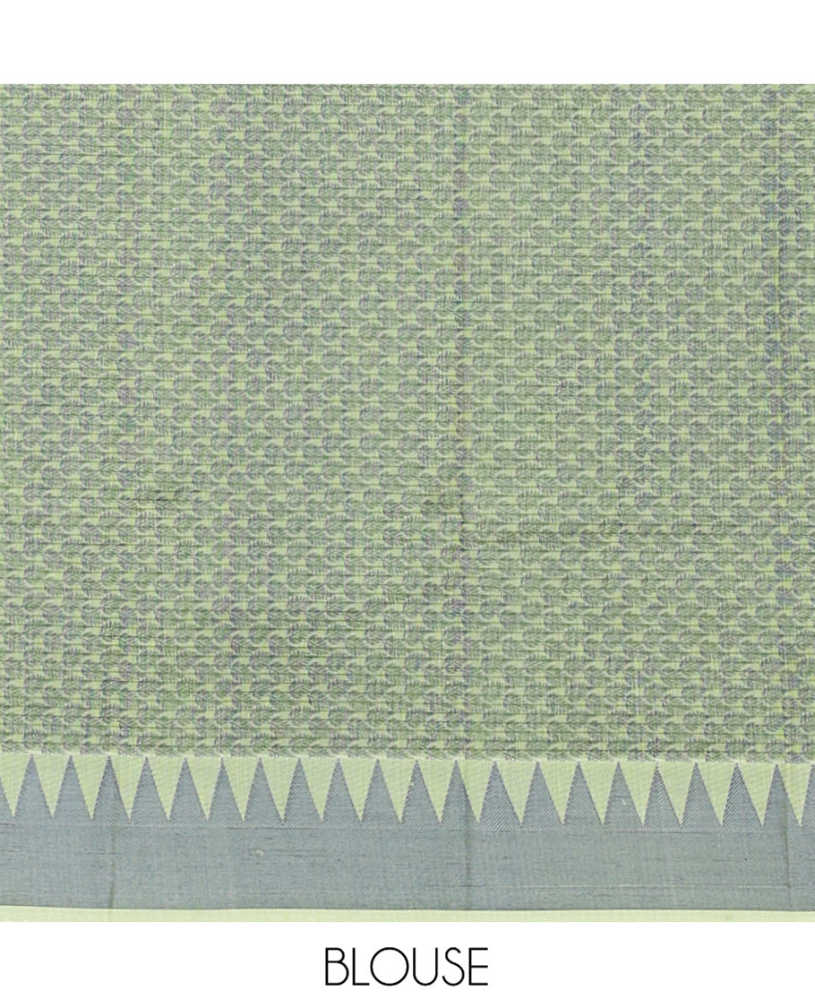 Green Semi-Silk Cotton Saree, Subtly Sparkled with Buttas and Micro-Checks All Over Its Body, Highlighted by a Temple Border, Intricate Pallu, and Paired with a Contrast Blouse